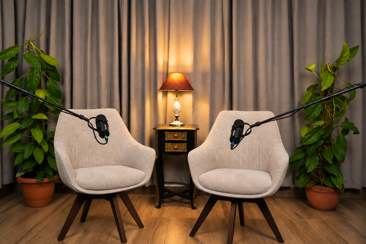 Two-chair podcast studio with lamp