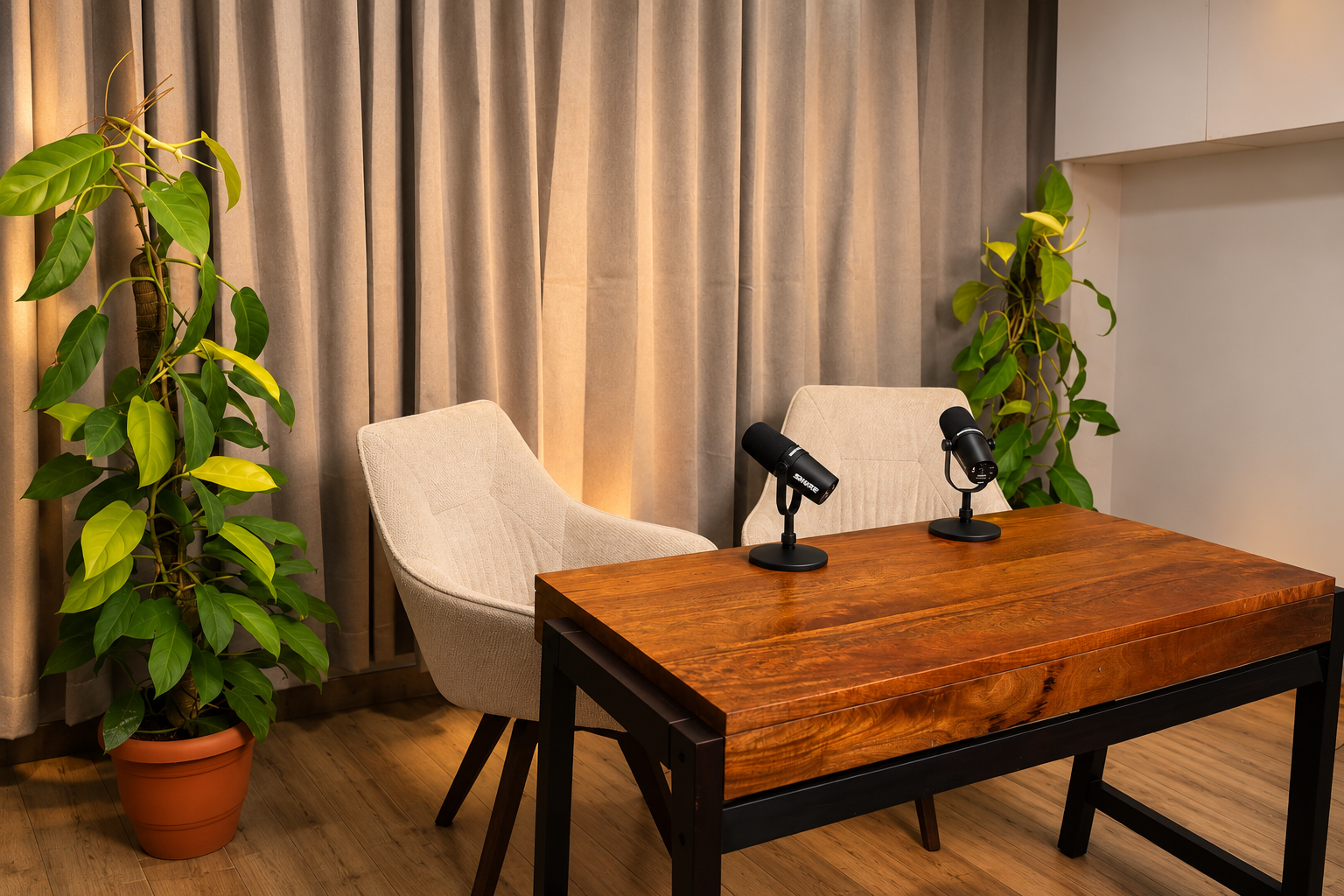 Podcast table with two mics